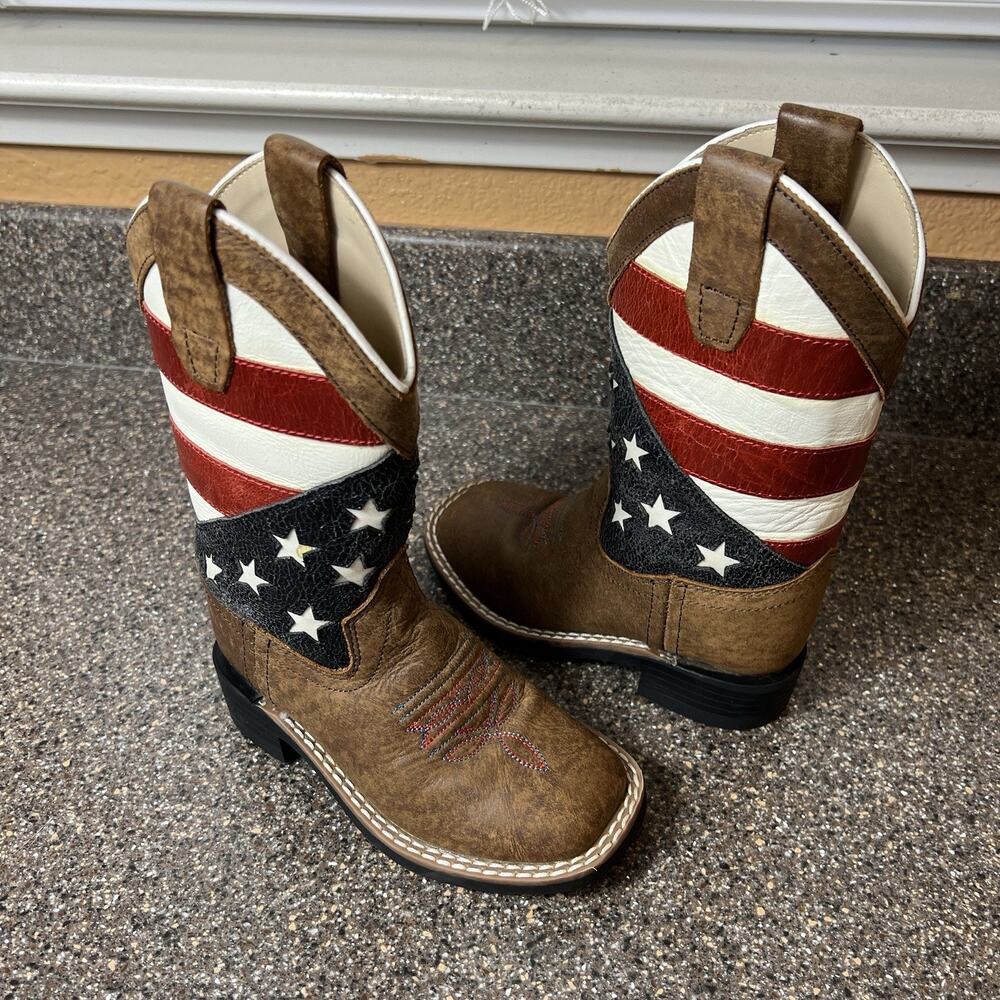 Old West Cowboy Boots Brown Leather American Flag Square Toe Kids Toddler Size 9